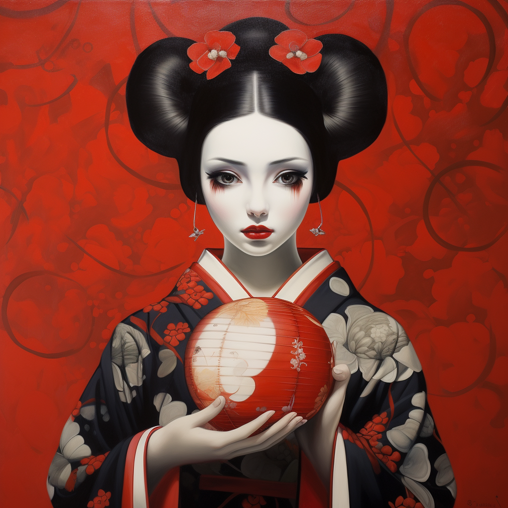 Geisha holding Daruma figurine