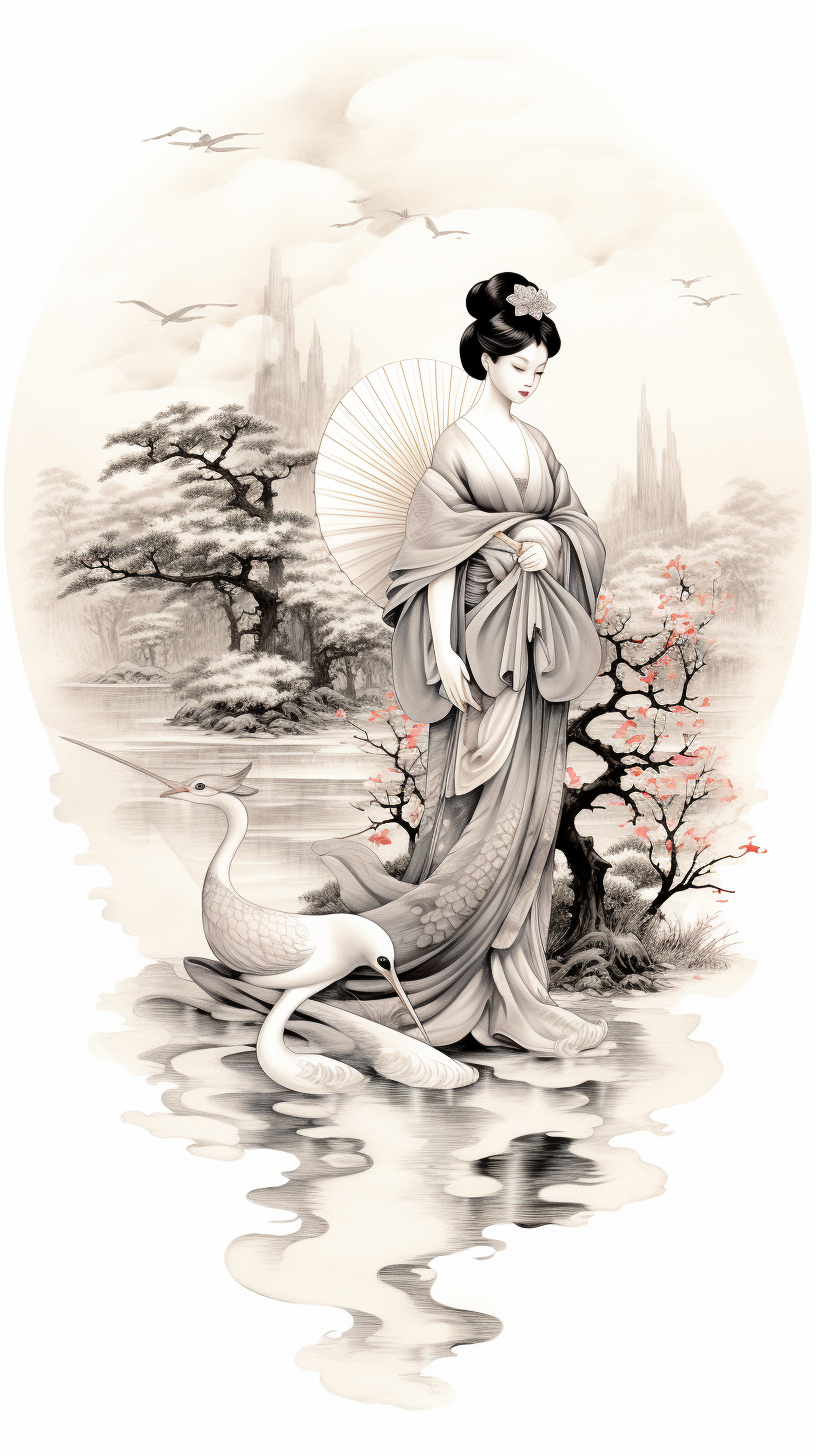 Geisha with Family of Swans by the Lake