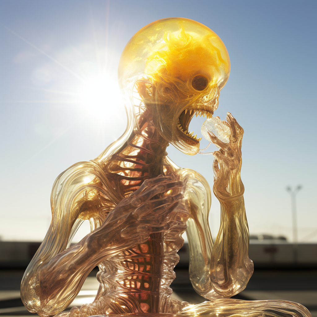 Gelatinous alien cyborg devouring trippy sun