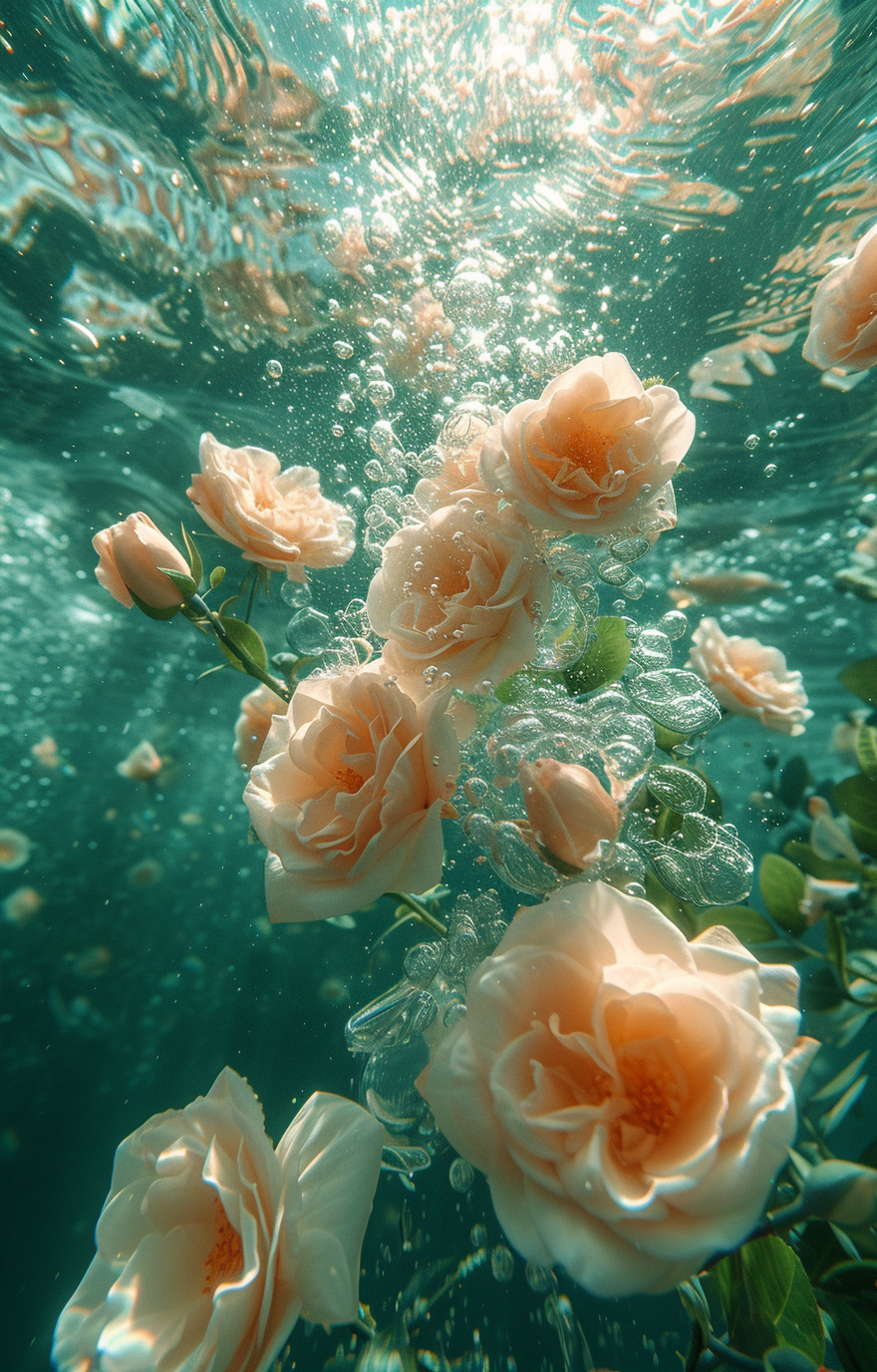 Gemstones and roses in ice bubbles