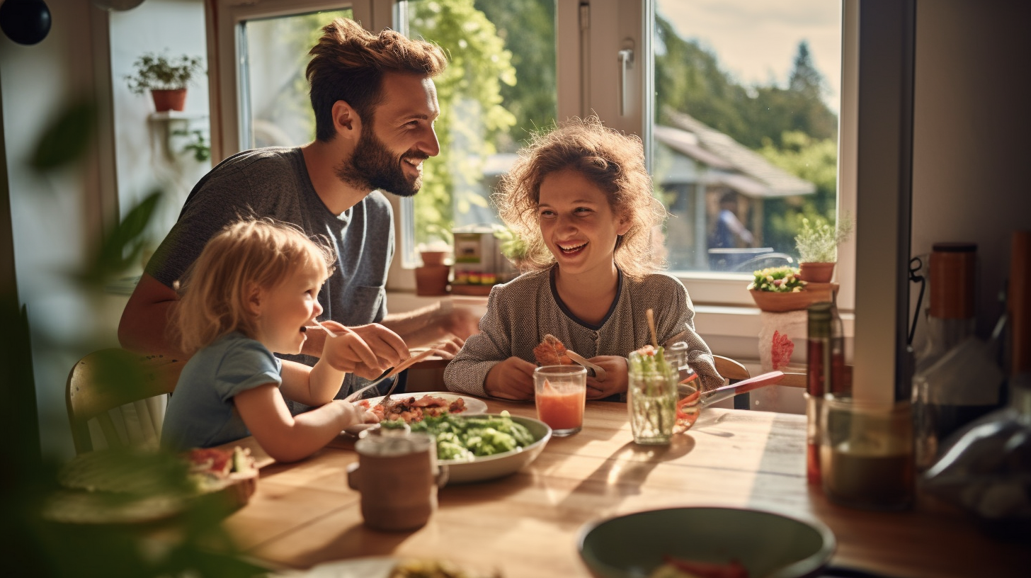 Gen Z friends with baby eating penne