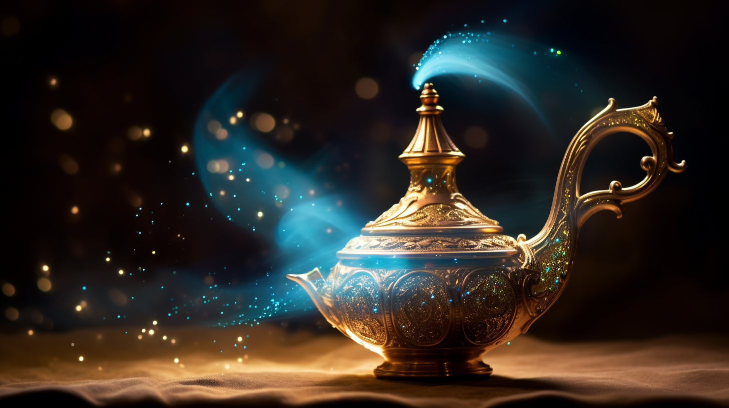 Magical genie lamp granting wishes