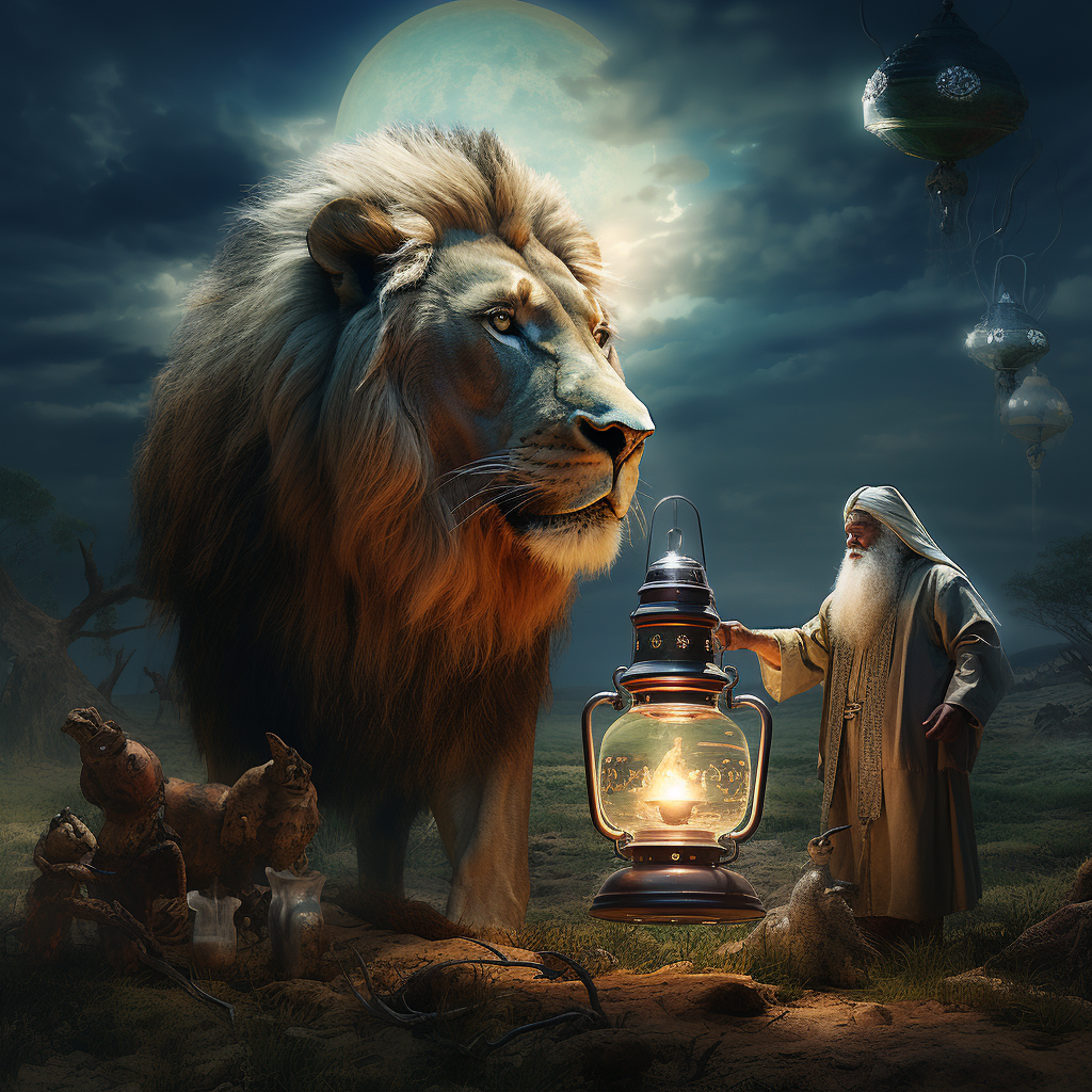 Magical genie with majestic lions in national park