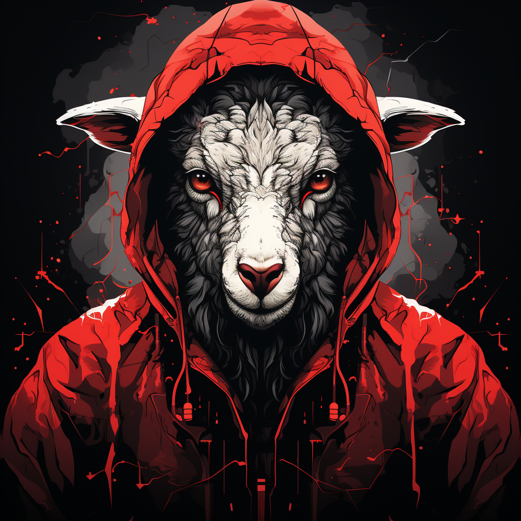 Sheep in wolf hoodie with red eyes