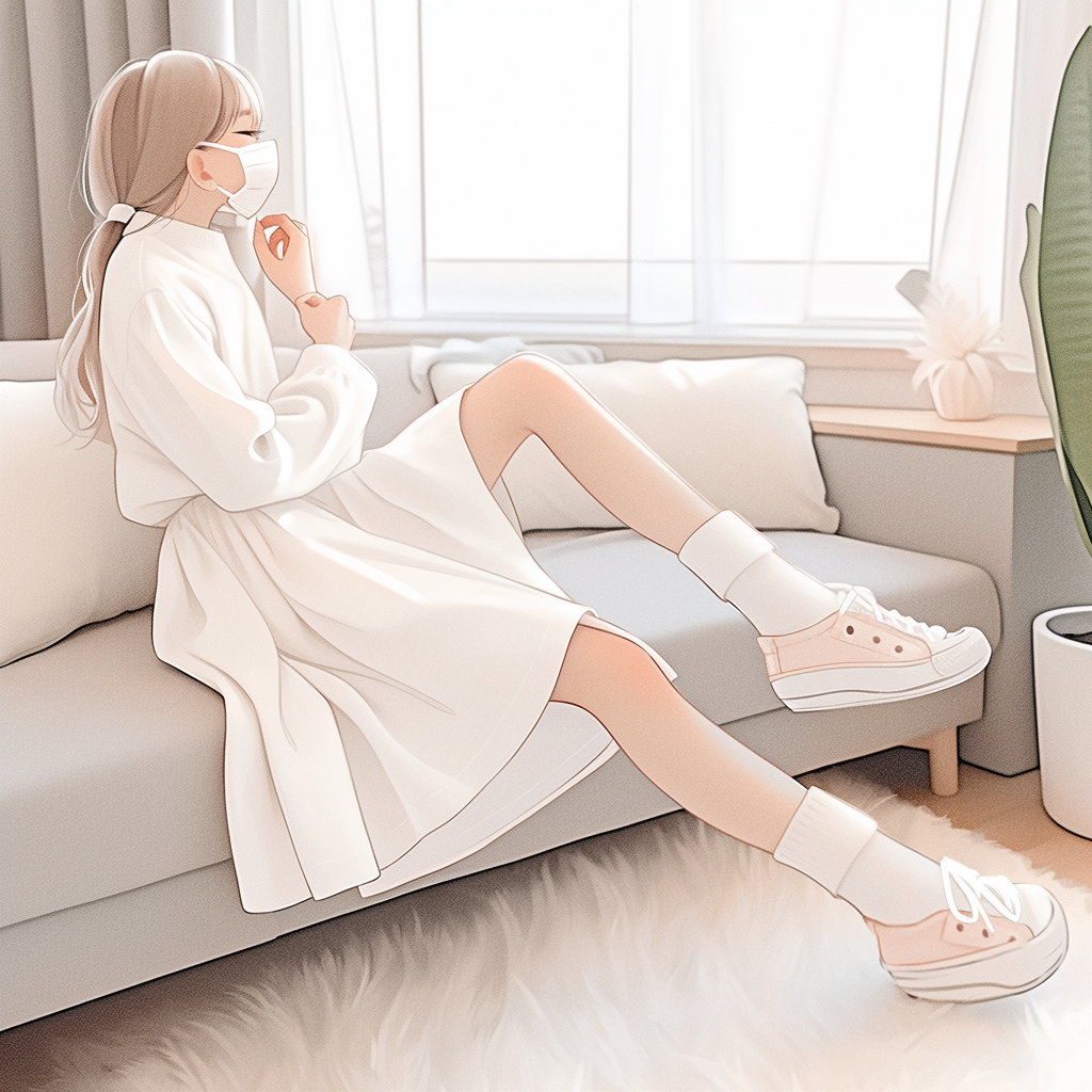 Cute girl on sofa with white sneakers