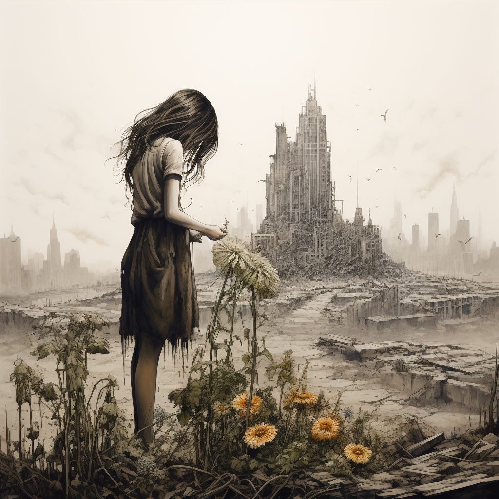 Young girl picking flowers in apocalyptic scenery