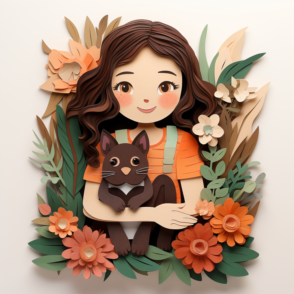 Girl hugging her purring cat among potted plants