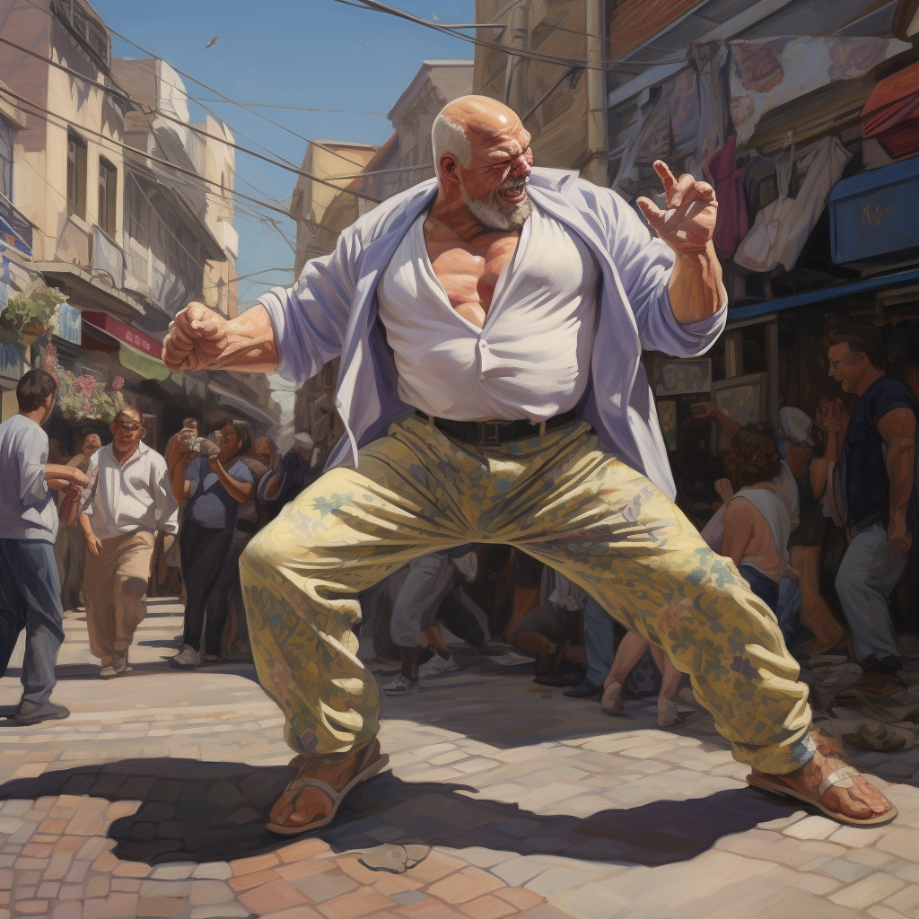 Strong man gracefully dancing on modern street