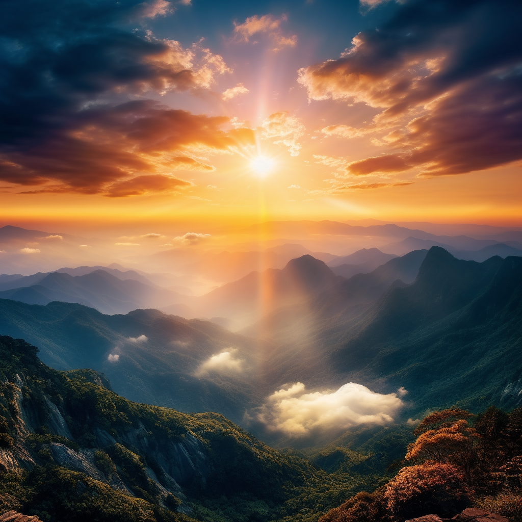 Dreamy sun over mountain scenery