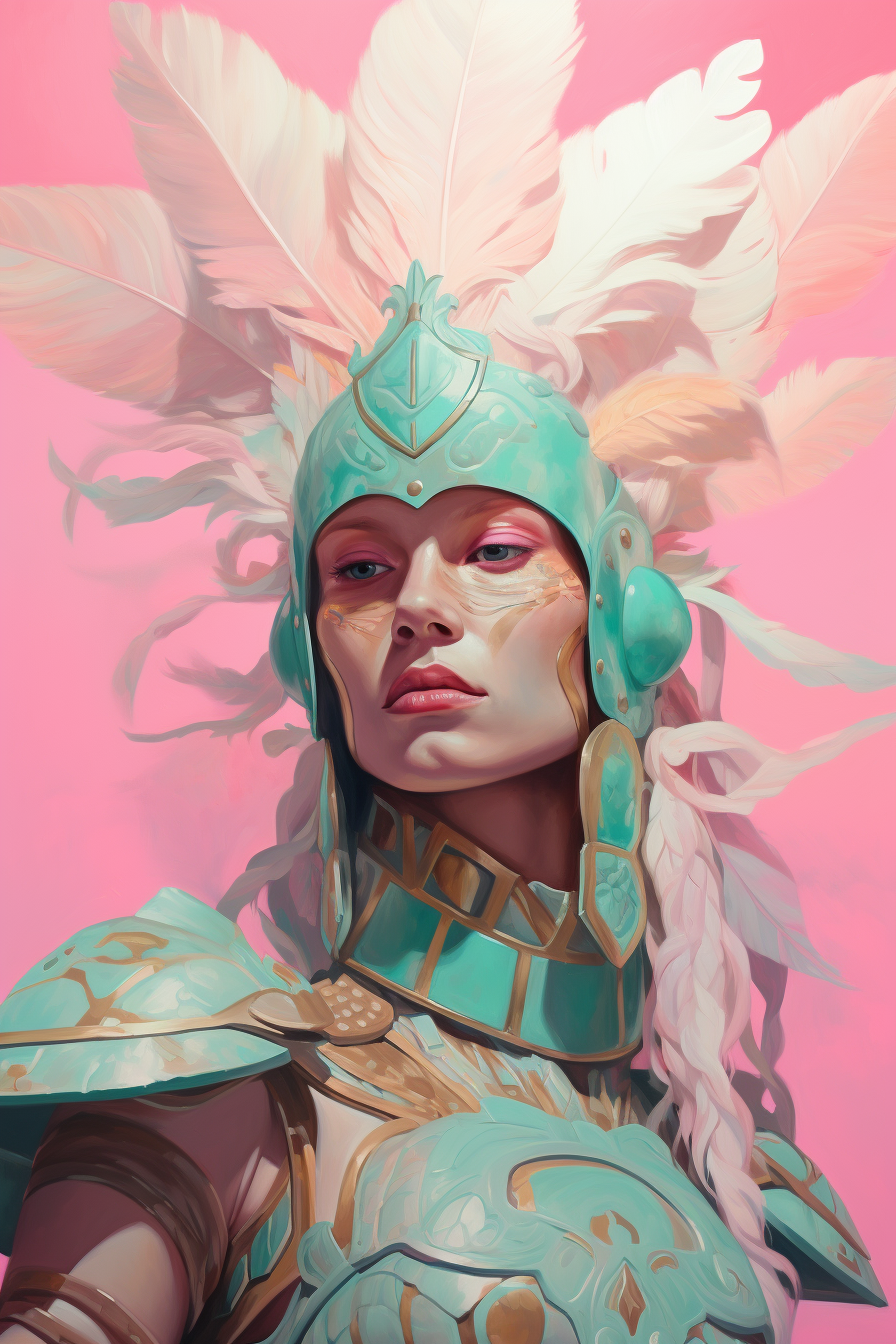 Beautiful gentle warrior with pastel pink and green tones