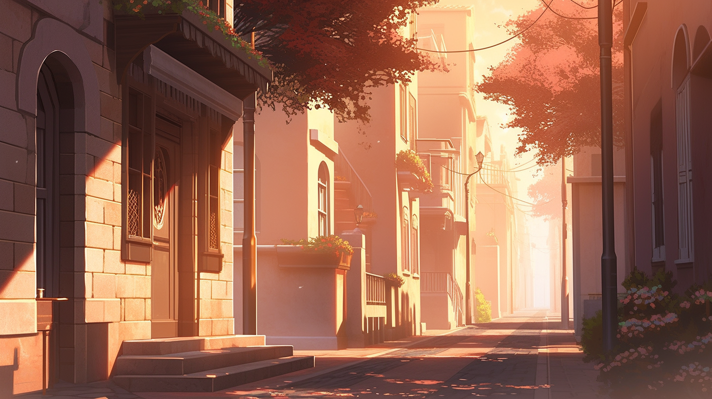 Anime-style illustration of A-Ming walking on a quaint town street at sunset