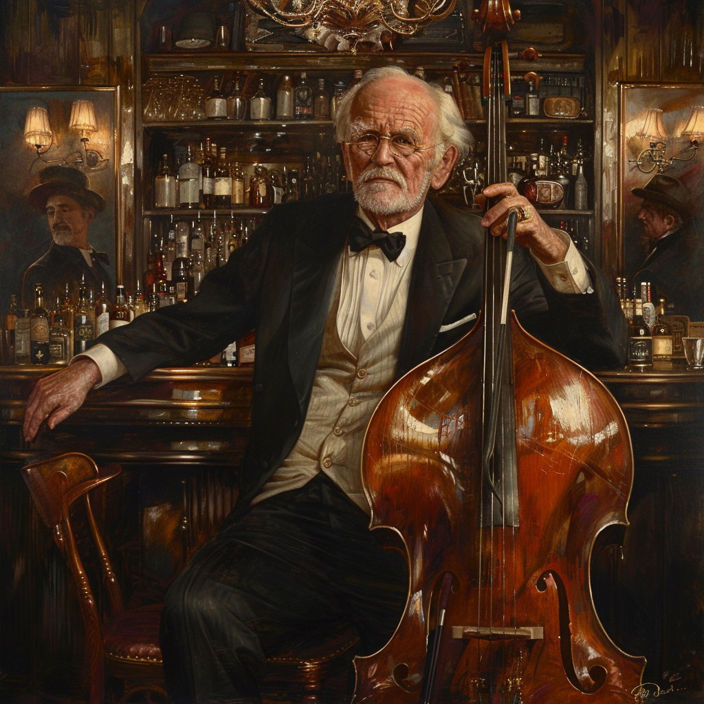 Older gentleman playing bass in luxury bar