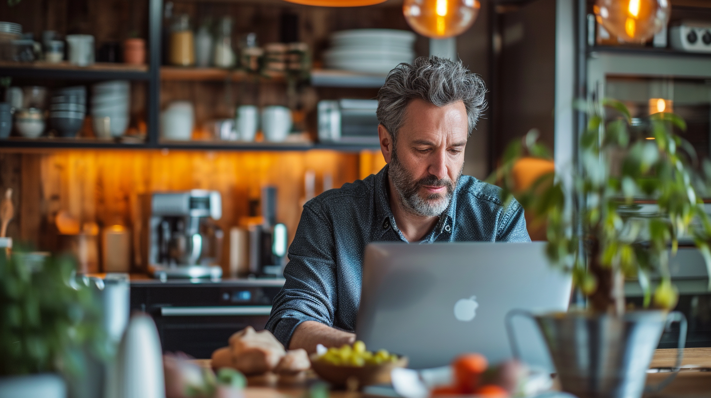 Gentleman working on Acer laptop at kitchen table