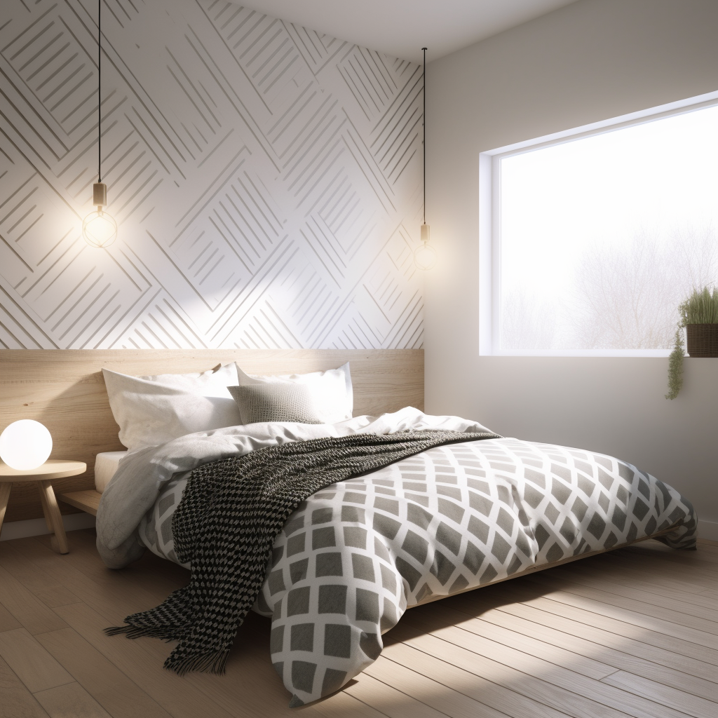 Minimalistic bedroom with geometric patterns