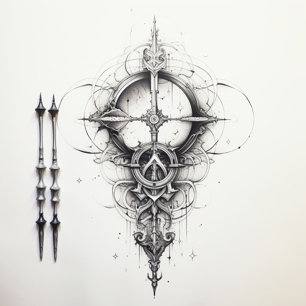 Geometric fine line tattoo sketch with sword and moon