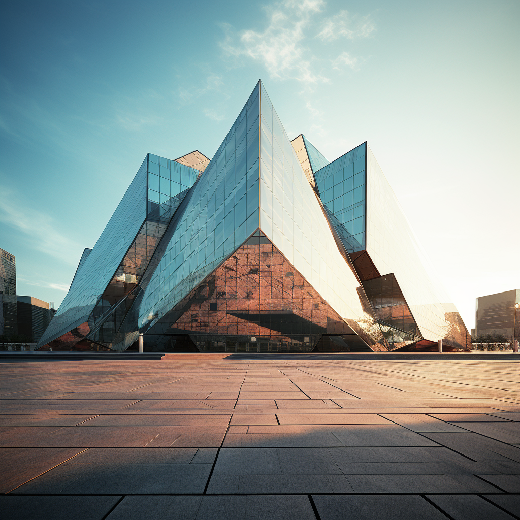 Detailed hyperrealistic geometric shaped building with glass walls