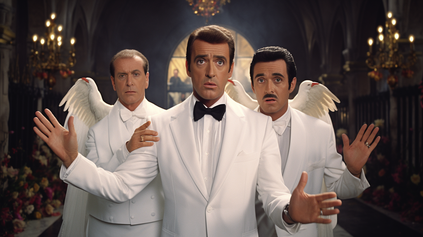 George Michael, Paul Reubens, and Jim Nabors holding hands in Heaven