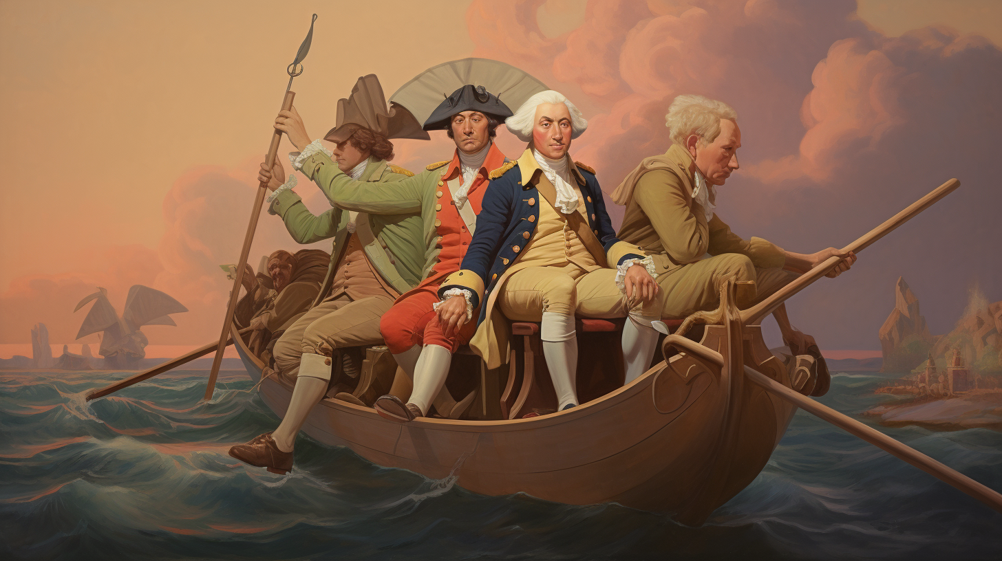 Anthropomorphic toad portrays George Washington crossing the Delaware River