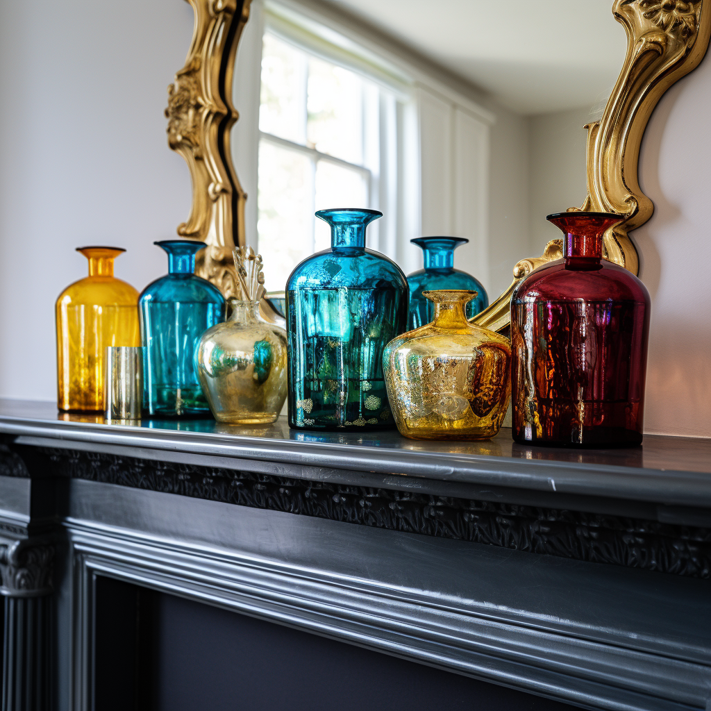 Close-up of Colorful Glass Bottles on Georgian Mantle Piece