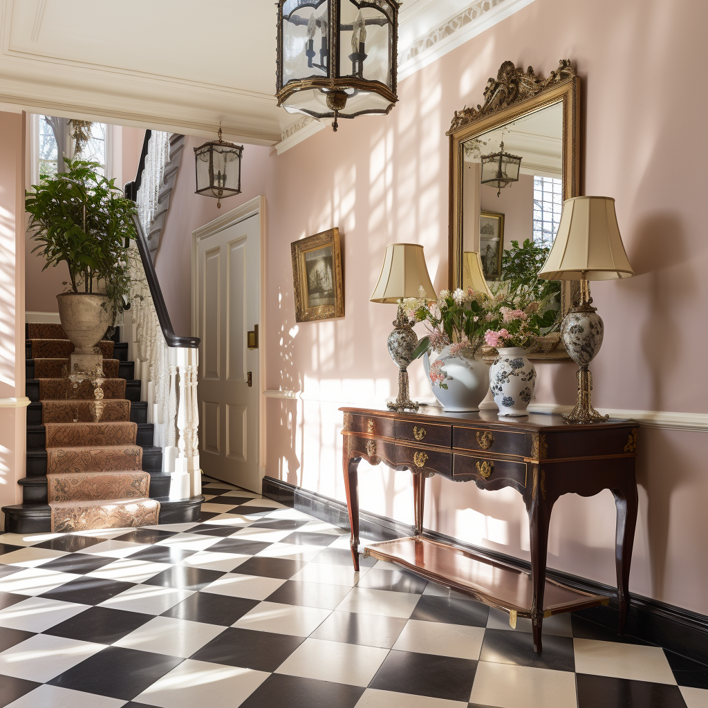 Entrance hall with checkered tiles and contemporary chandelier