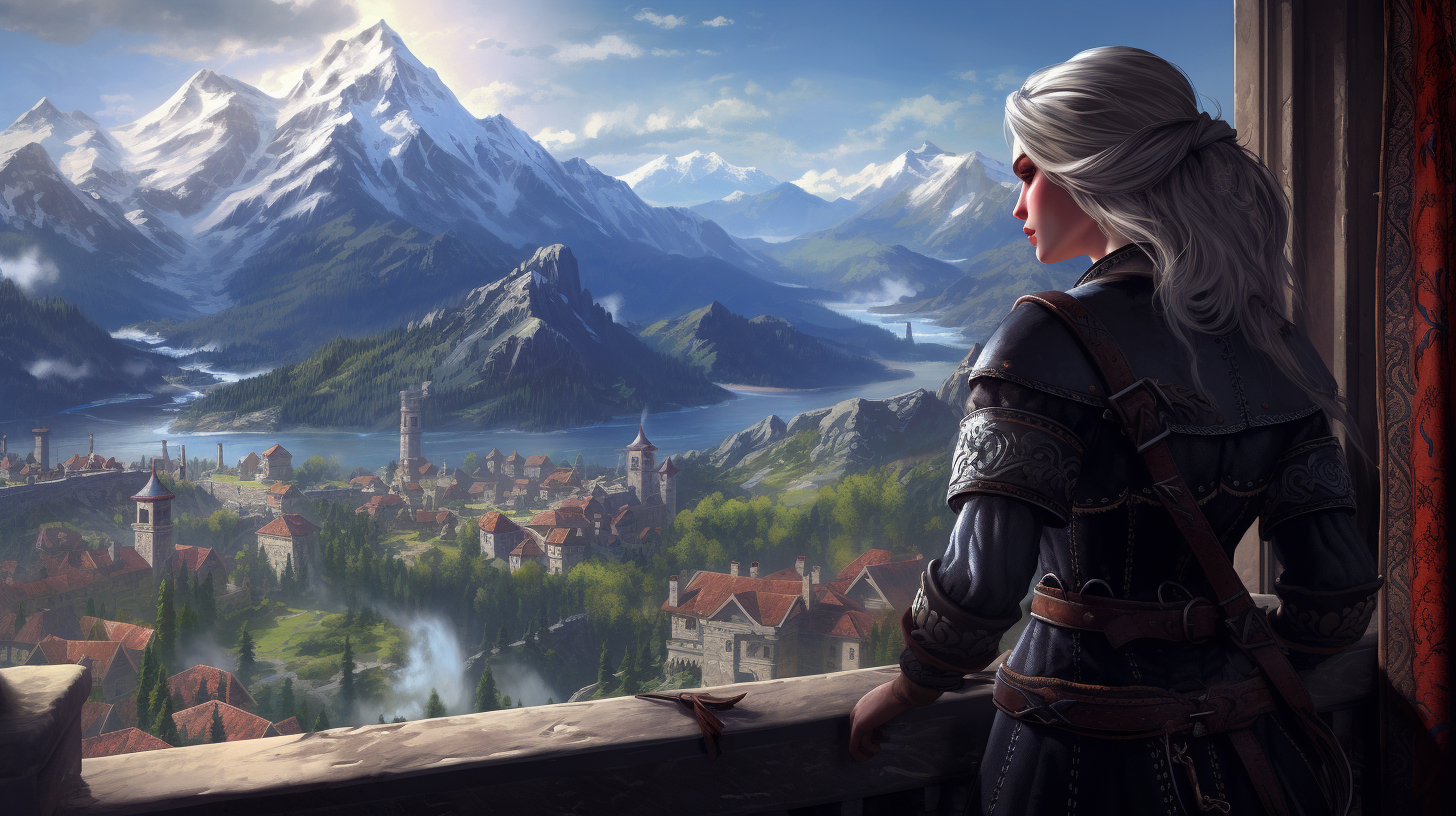 Geralt from The Witcher 3 overlooking mountains