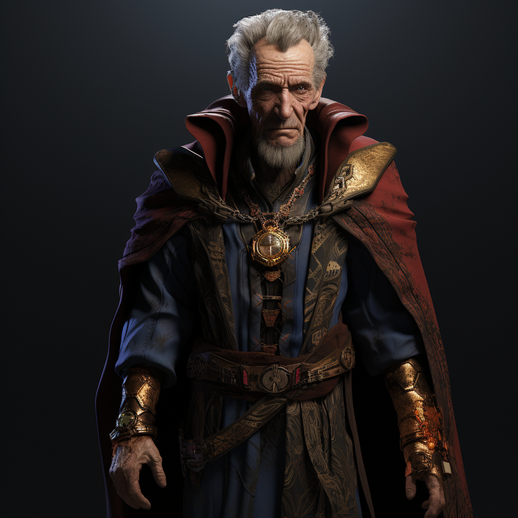 Elderly Doctor Strange in patched and tattered suit