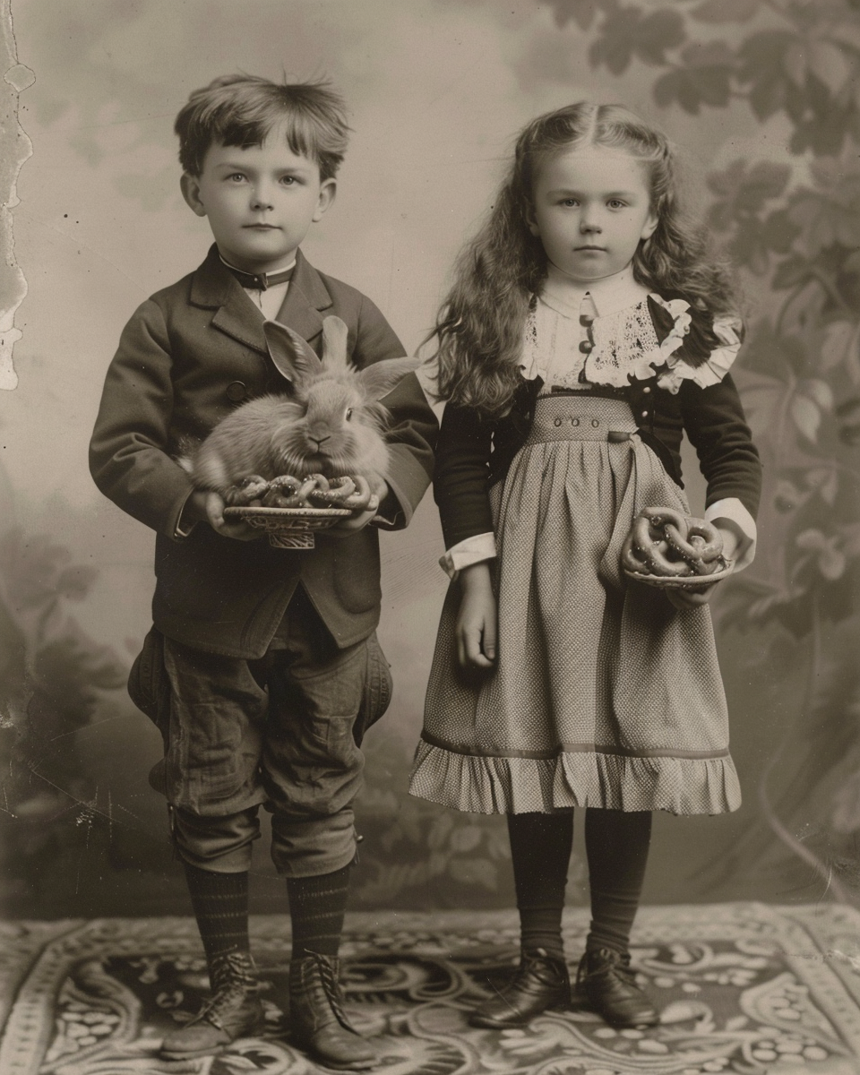 Two German children with rabbit and pretzels