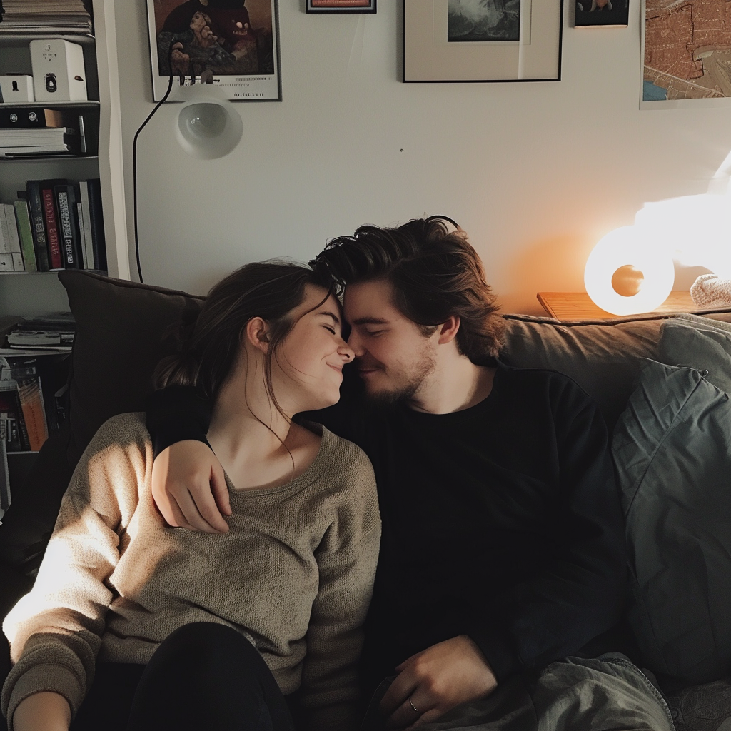 German couple cuddling on couch