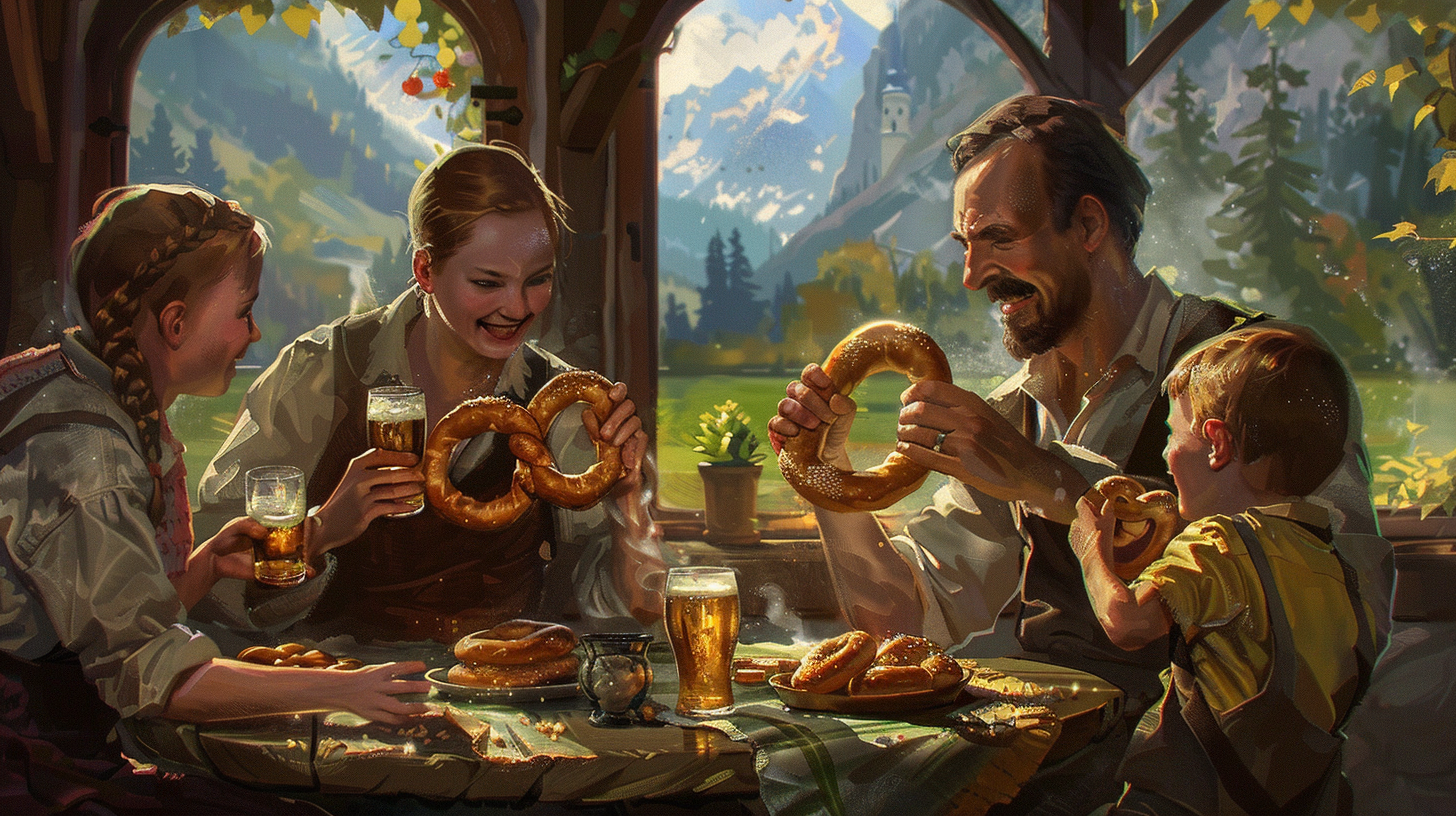 German family enjoying brezels and beer