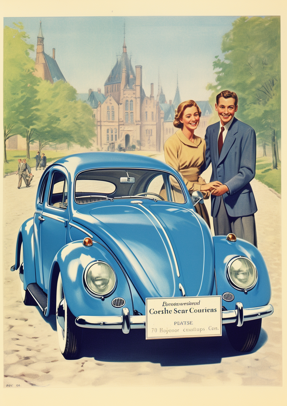 Happy German couple with blue Volkswagen Beetle