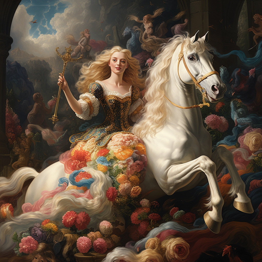 German maiden riding unicorn with golden retriever