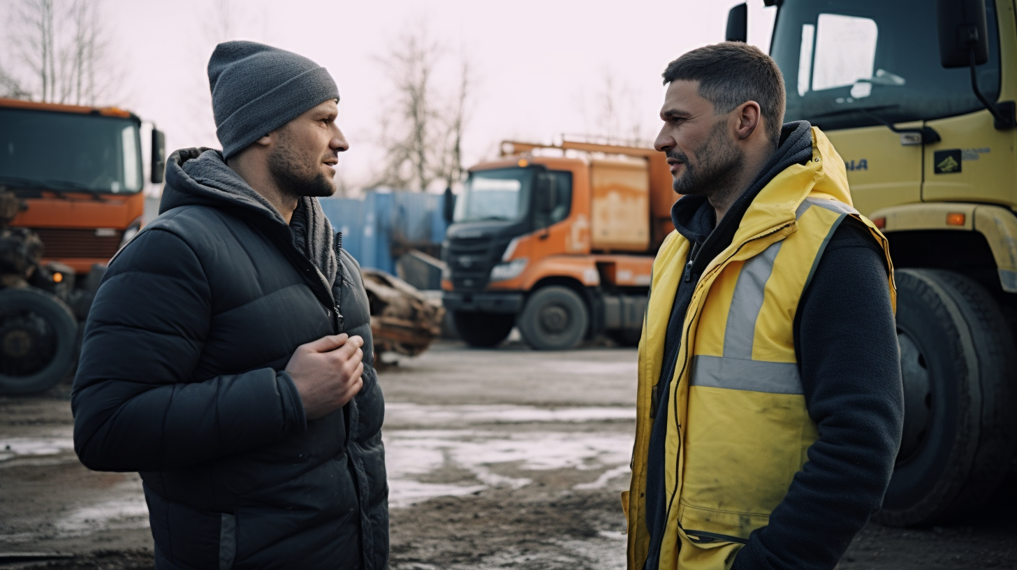 German men speaking at construction site with truck nearby