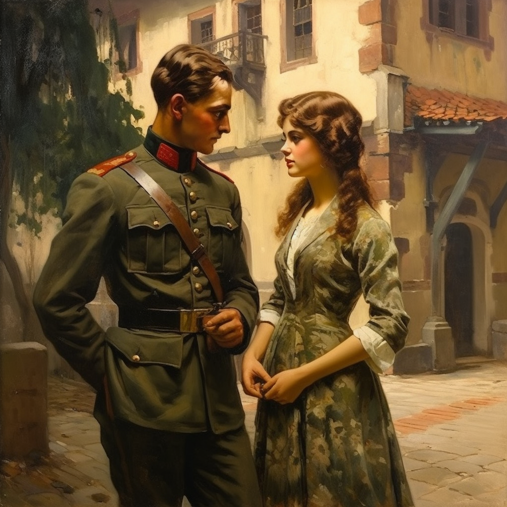 German Painting of Beautiful Polish Town with Young Woman and Soldier