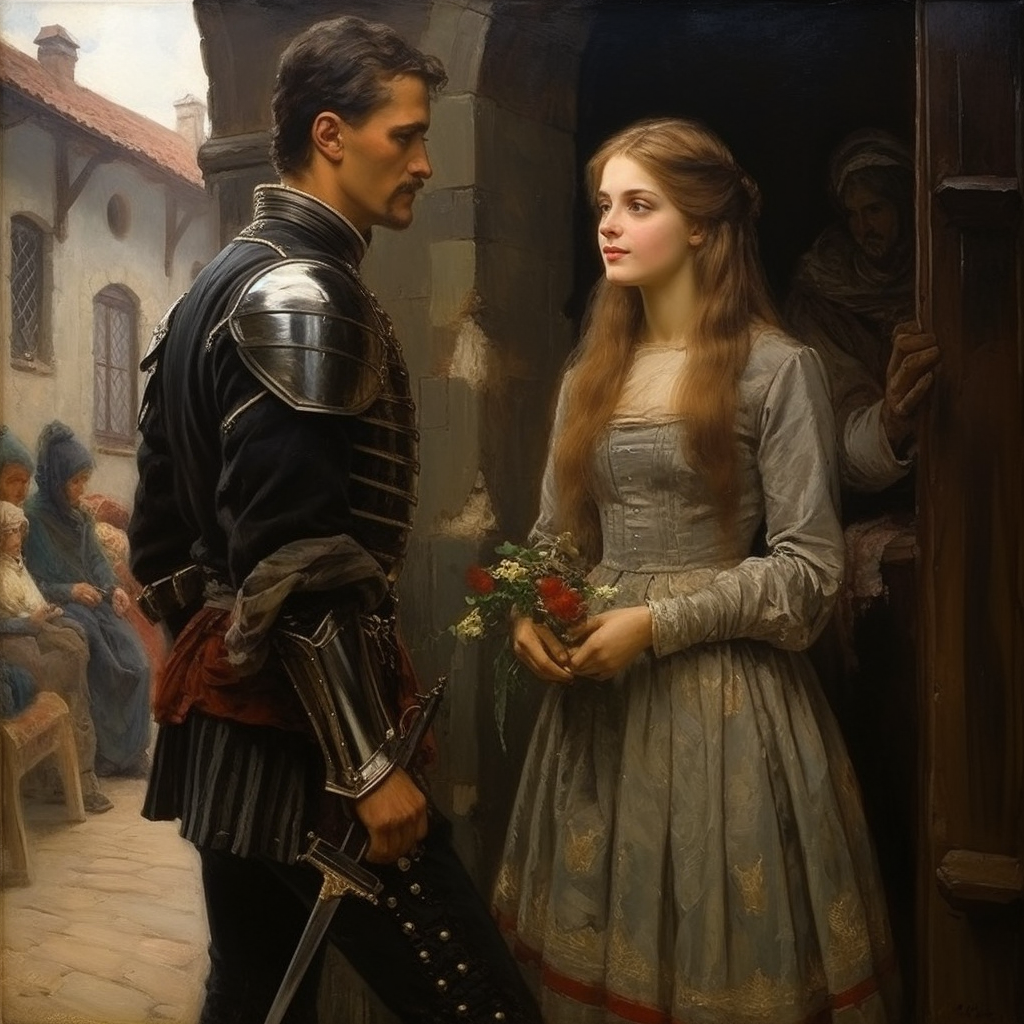 German painting of Polish town with young woman and soldier