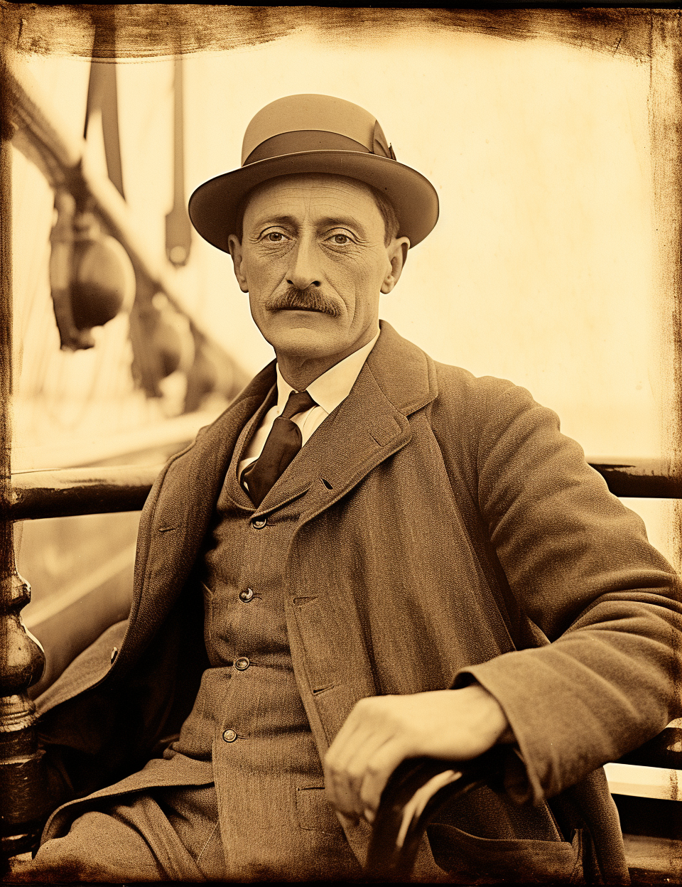 Sepia portrait of German passenger on promenade deck