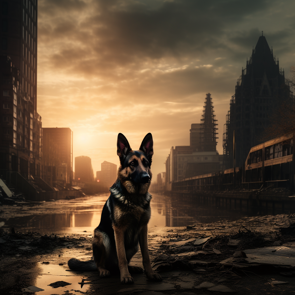 German Shepard exploring empty city