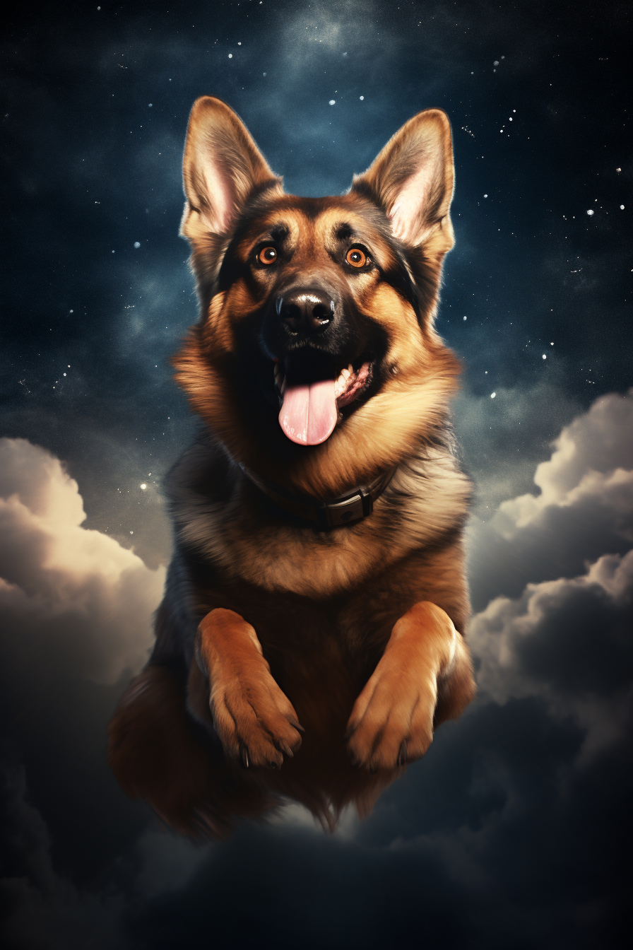 Happy German Shepard flying under the full moon