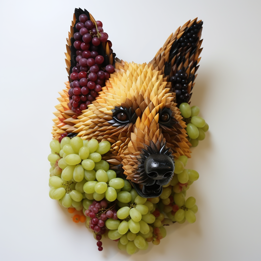 German Shepard fruit sculpture in shape of a dog's head