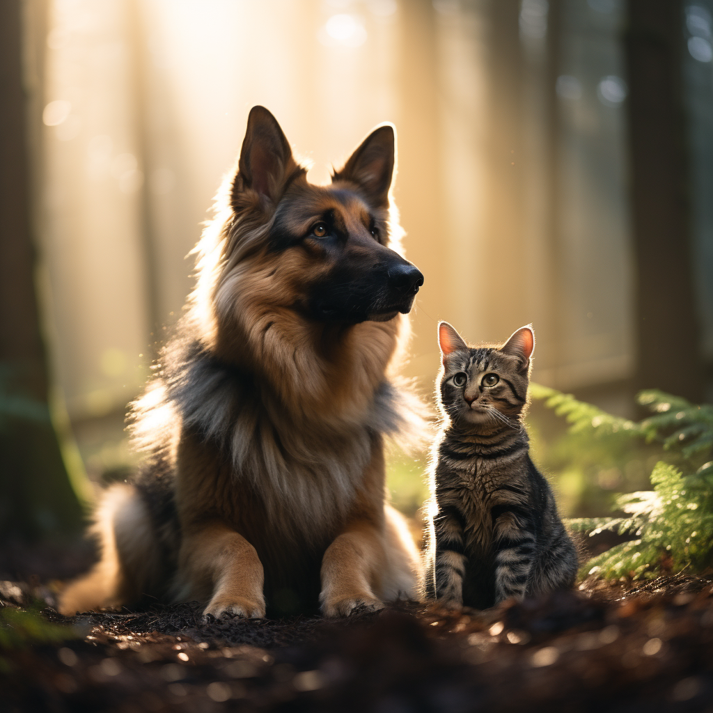 German Shepherd and Cat Playing in Forest