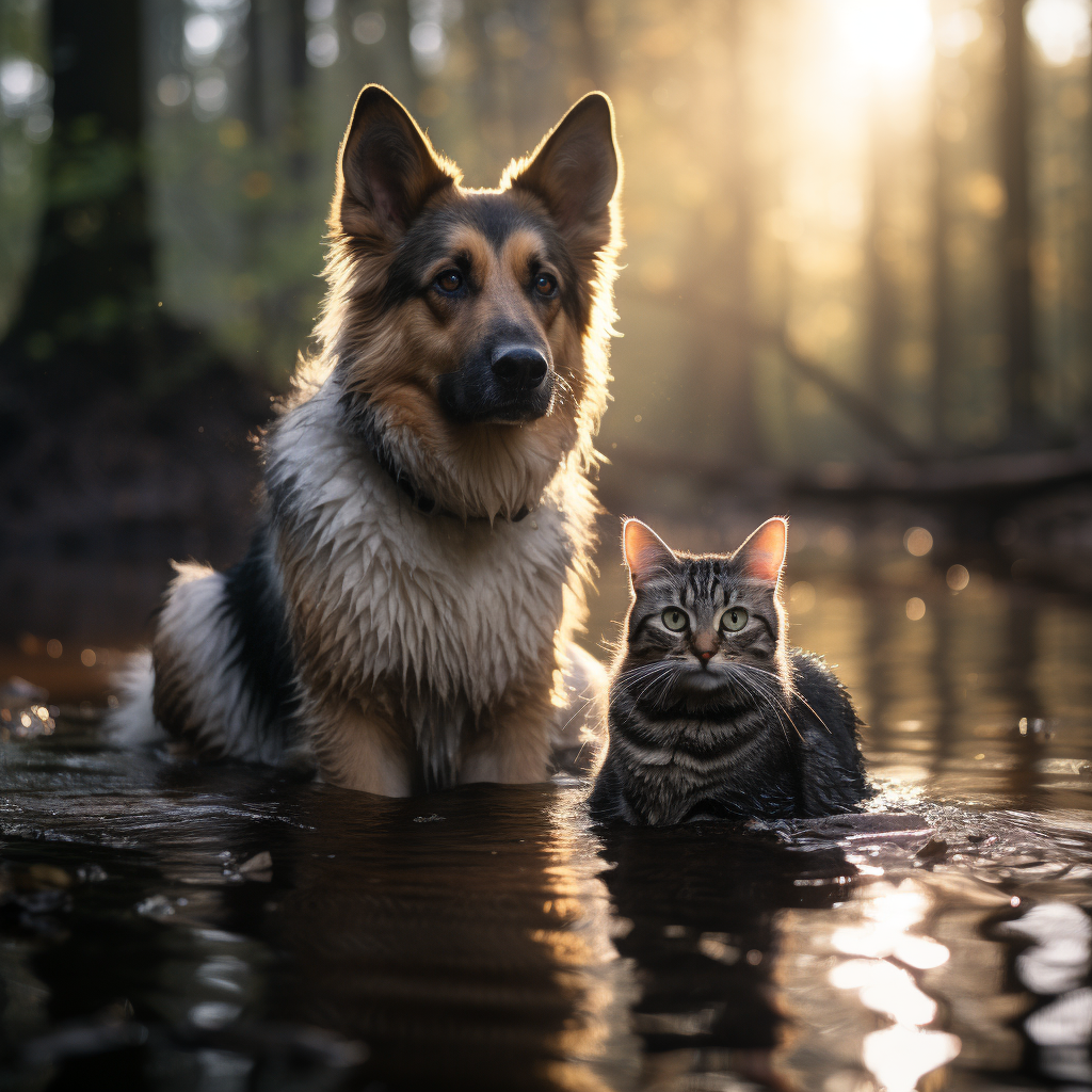 German Shepherd and Cat in Forest Fog