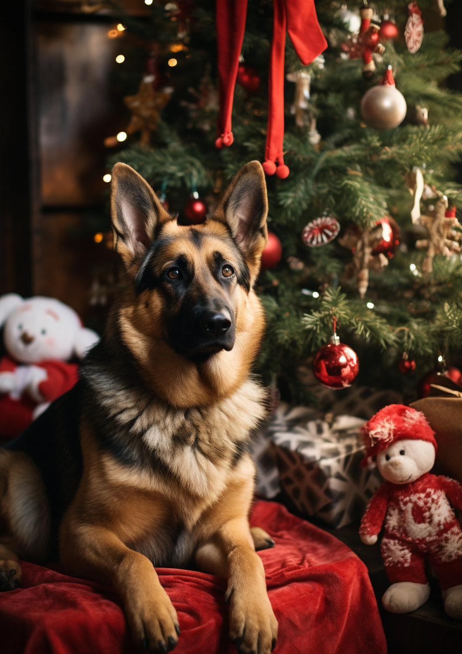 Adorable German Shepherd by Christmas tree