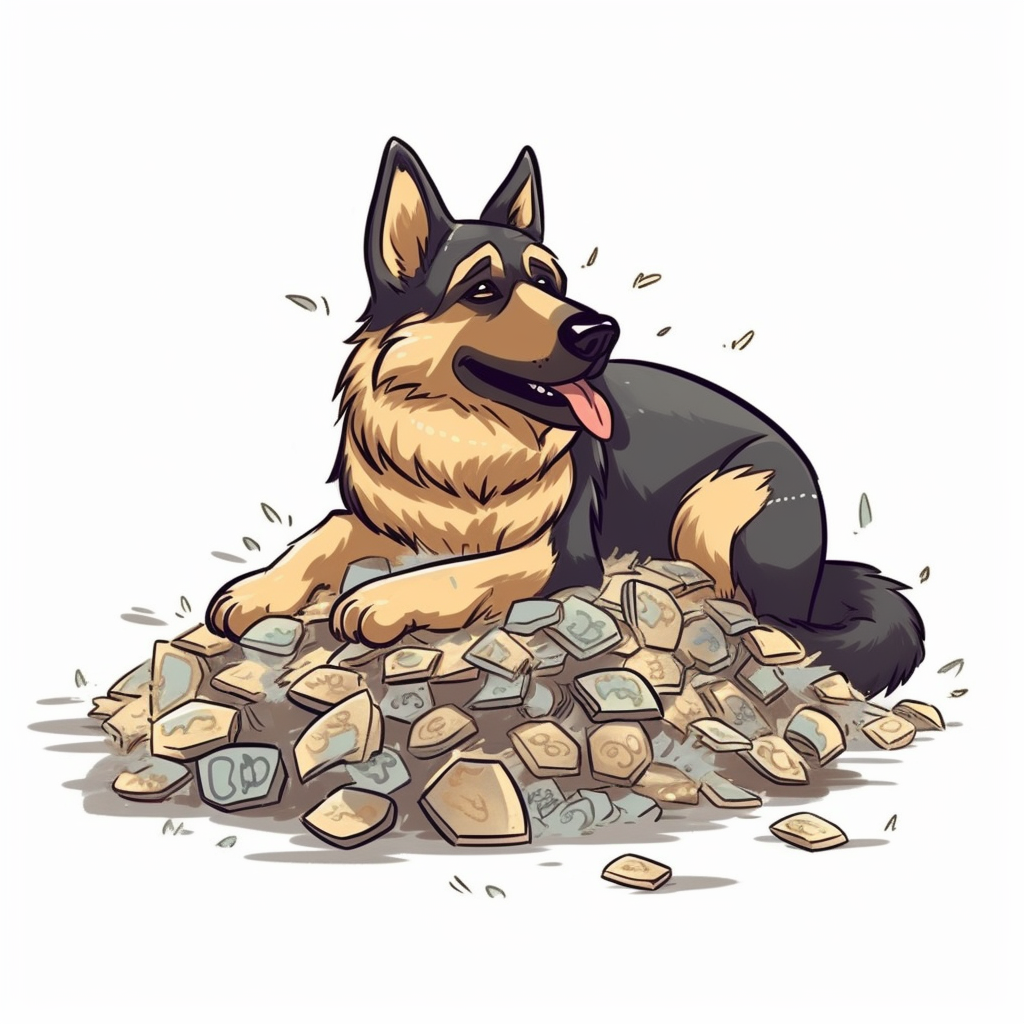 German shepherd cartoon money pile