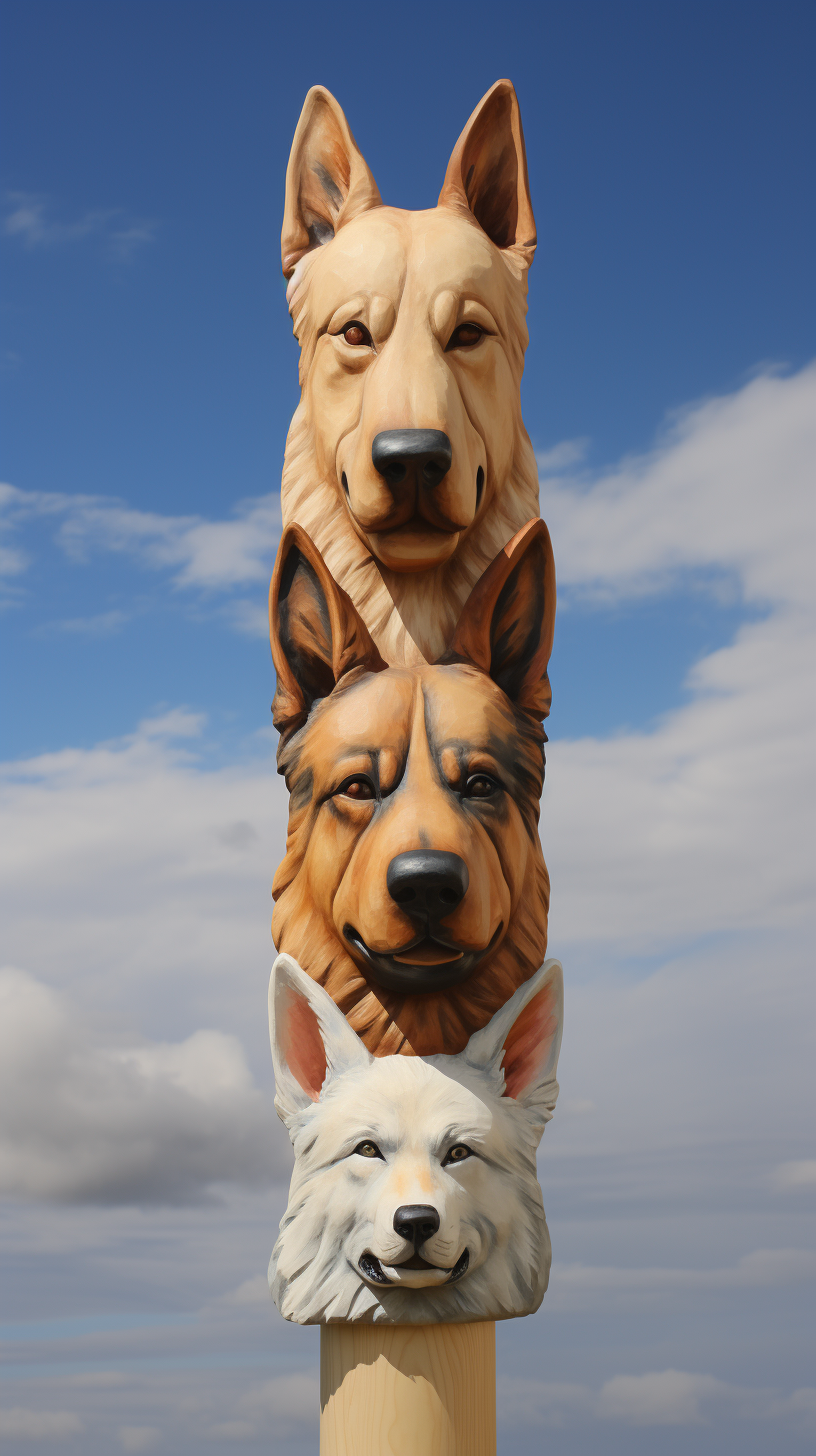 German Shepherd and Retriever Totem Pole in meadows