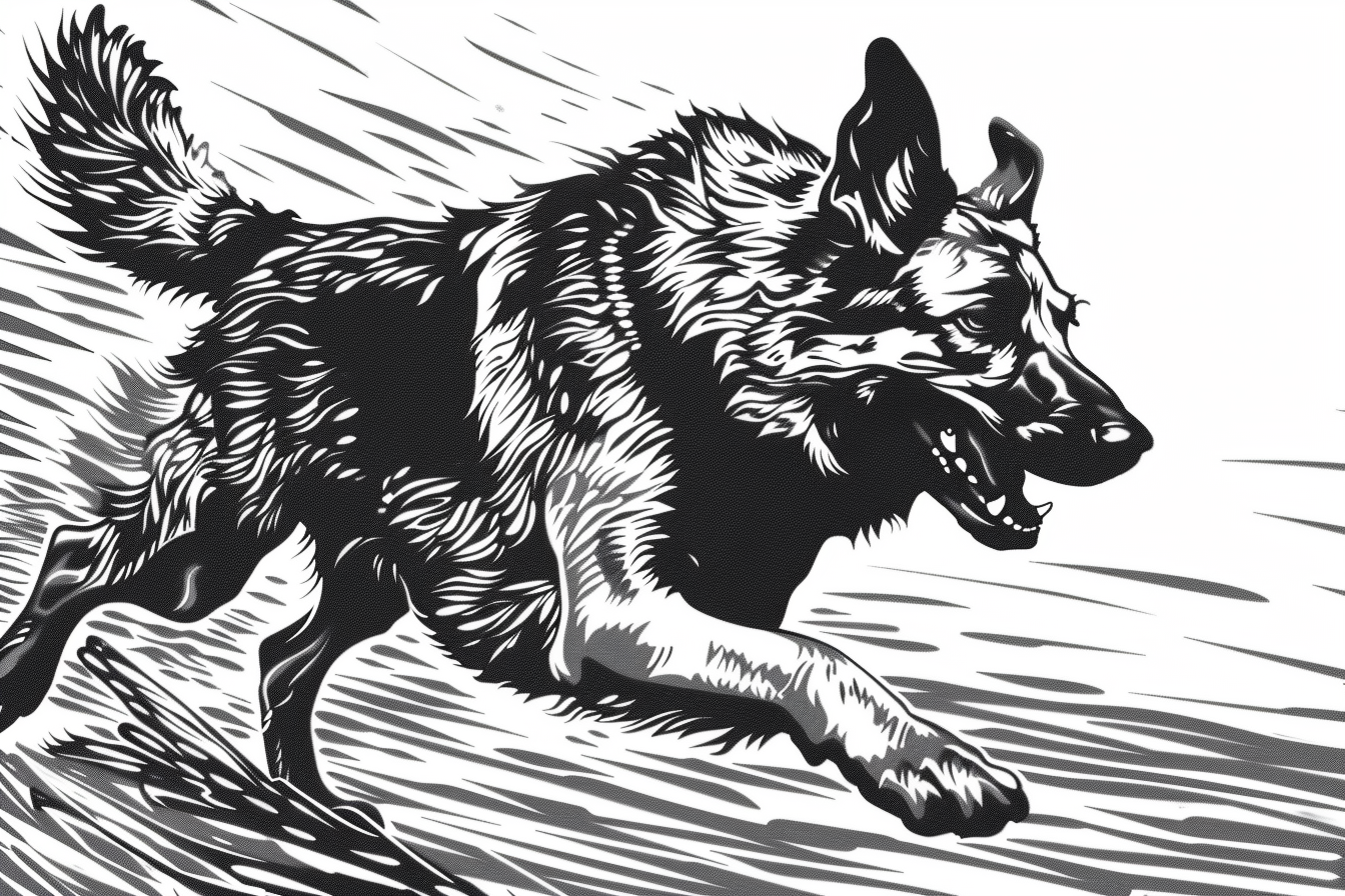 German Shepherd running woodcut style