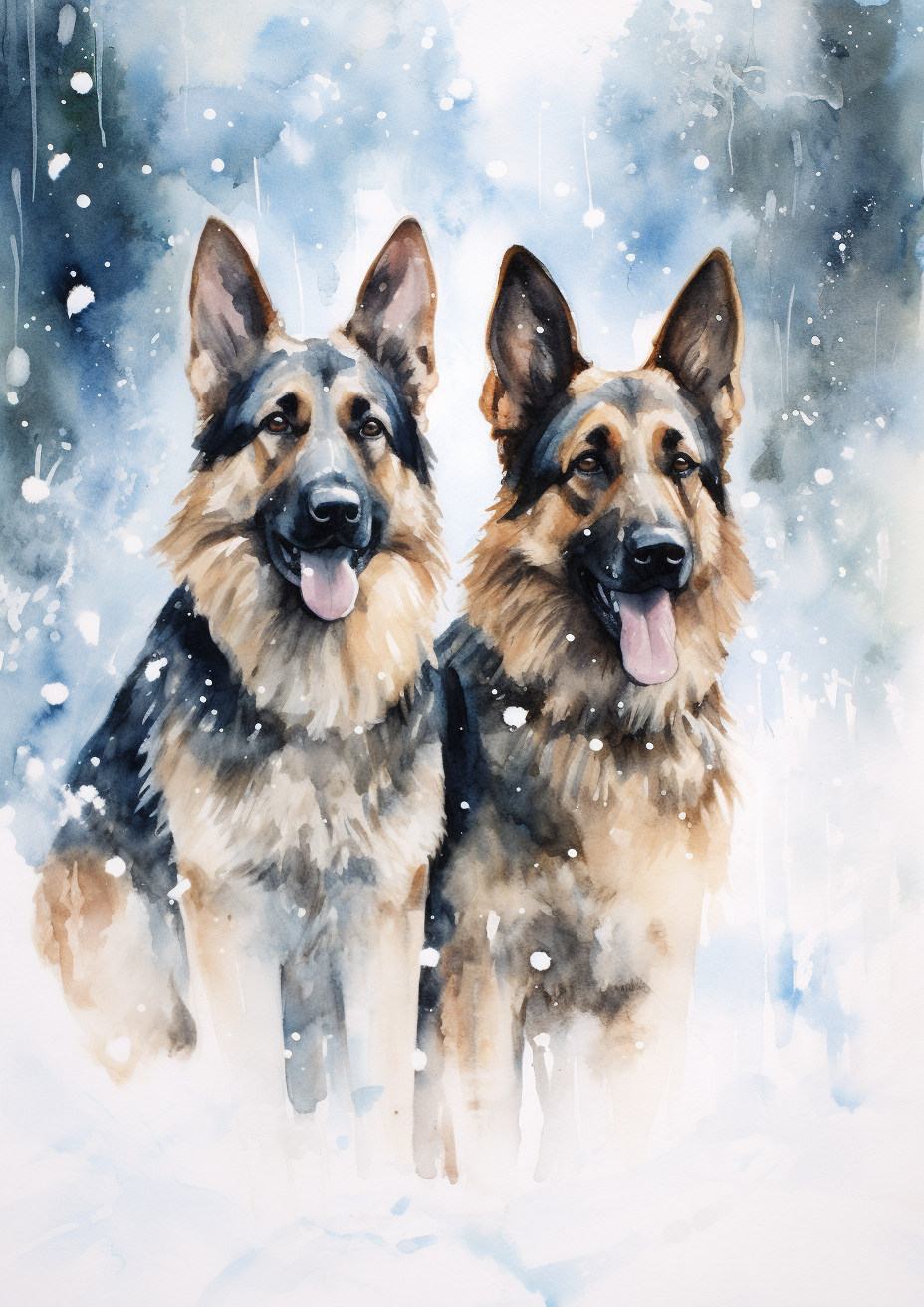 German Shepherds playing in winter wonderland