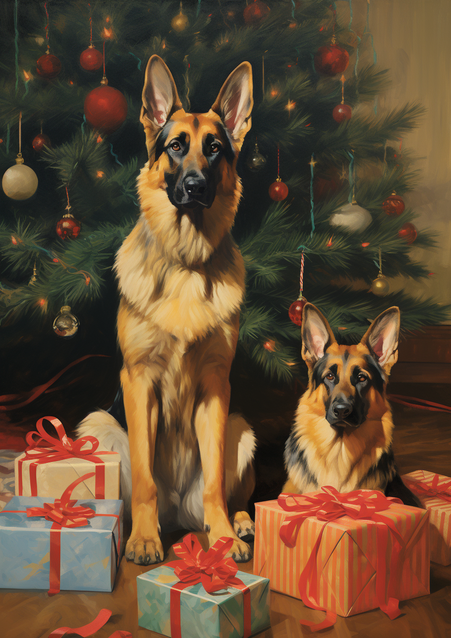 German Shepherds by the Christmas Tree