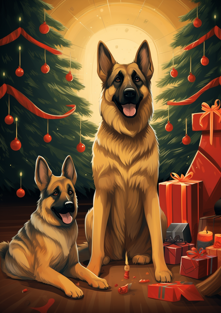 German Shepherds near Christmas Tree