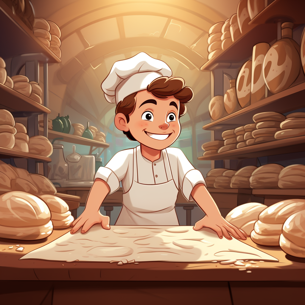 Boy kneading dough in bakery