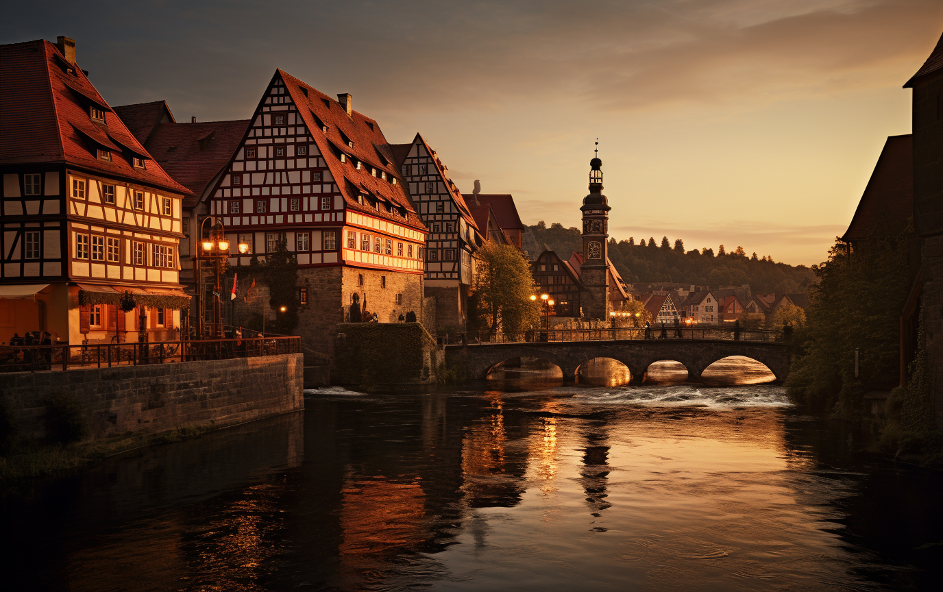 German town bridge at dusk surrounded by fairytale-inspired landscape