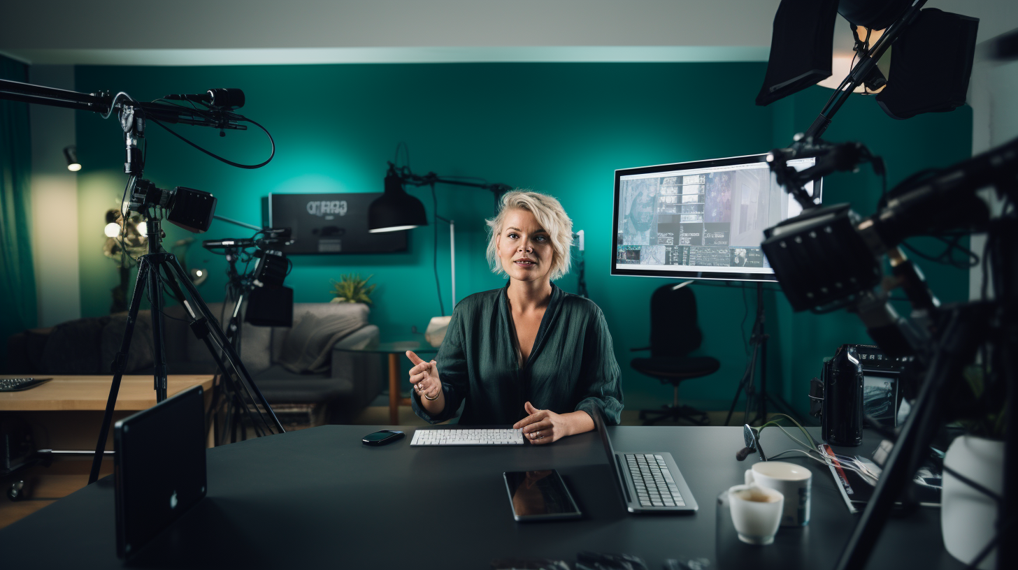 German woman giving interview at desk